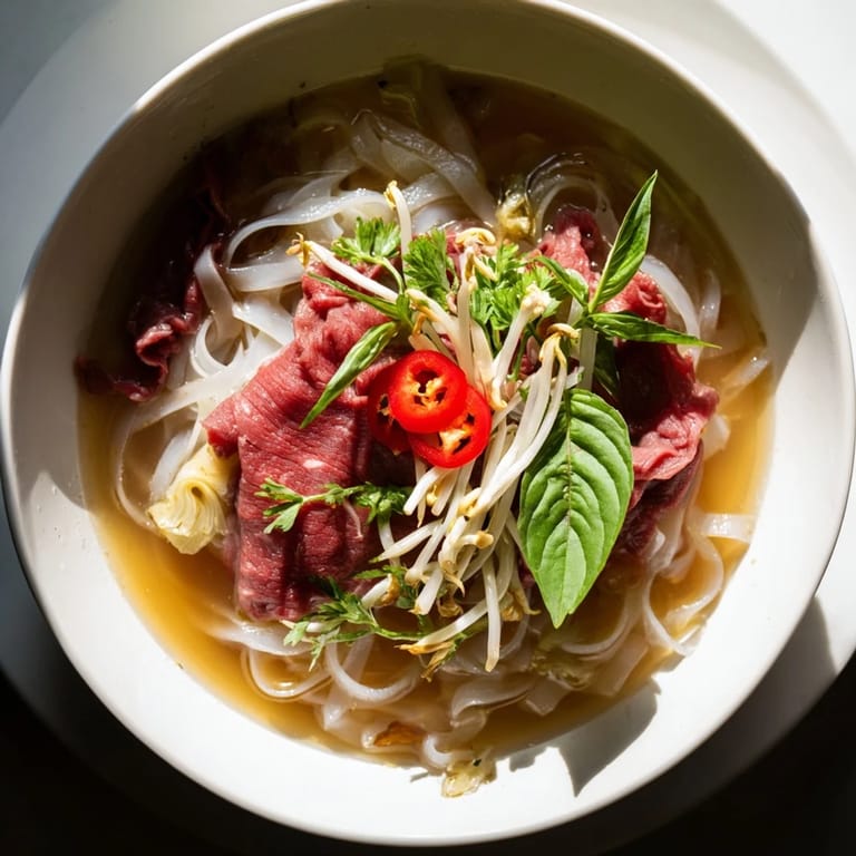 Freshly made Vietnamese pho express: a close-up shows tender beef over rice noodles and flavorful broth.