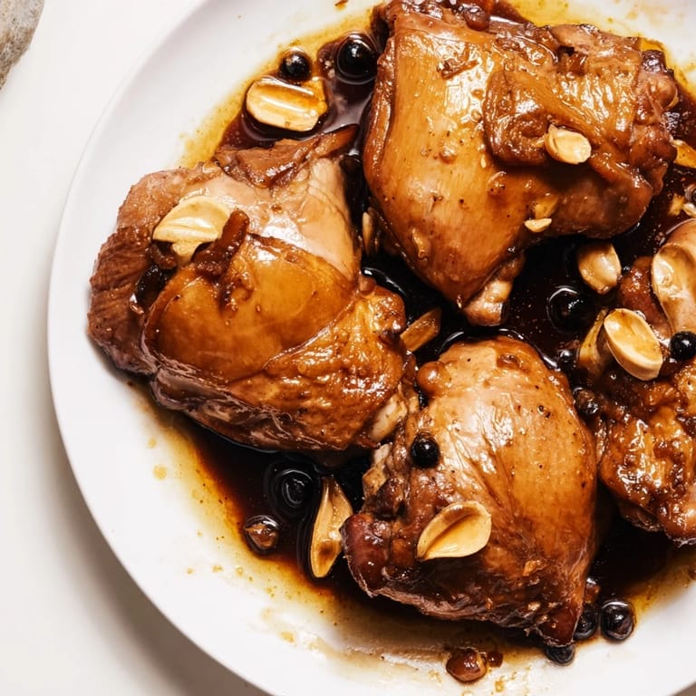 Savory Filipino Chicken Adobo, showcasing the rich, dark sauce coating the juicy chicken pieces.