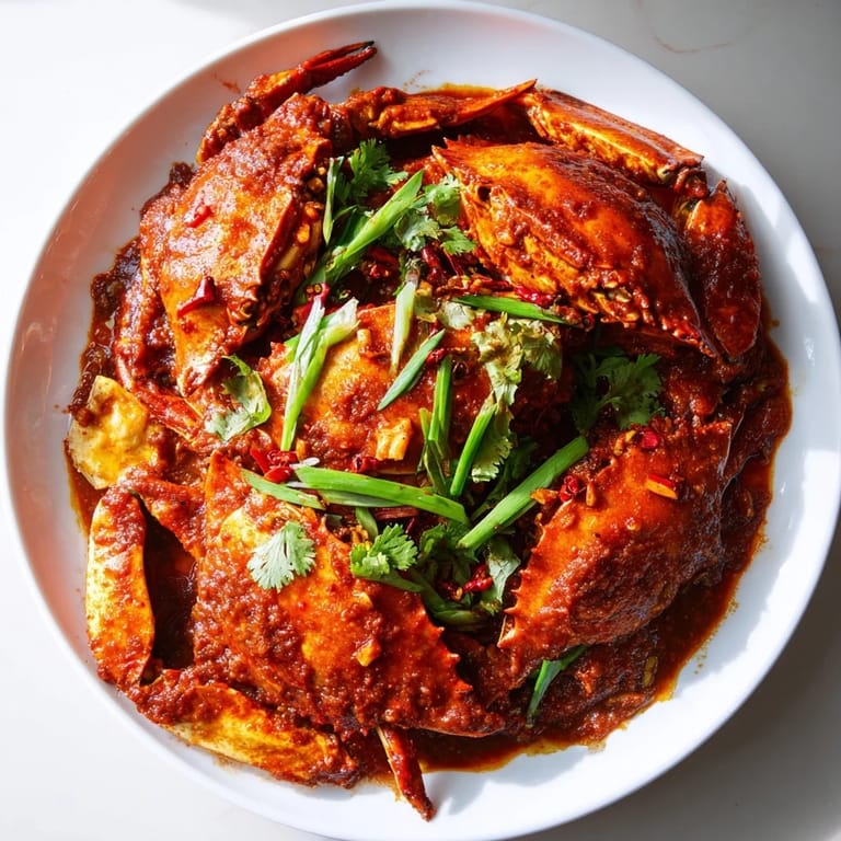 Sizzling Singaporean Chili Crab, spicy and sweet, perfect for dipping with fluffy bao buns.