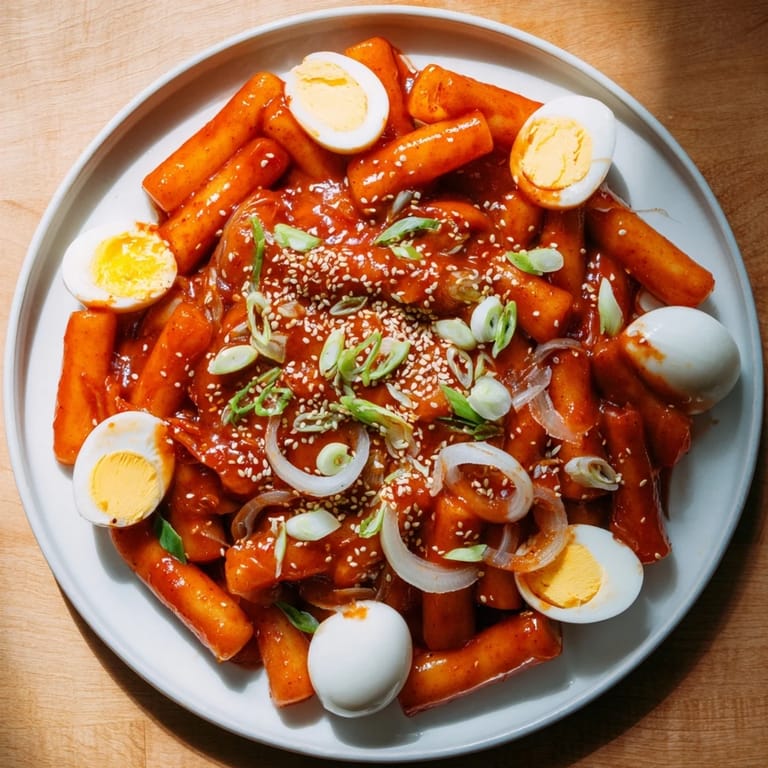 Close-up of bubbling Korean Tteokbokki, featuring tender rice cakes, eggs, and a flavorful gochujang broth.