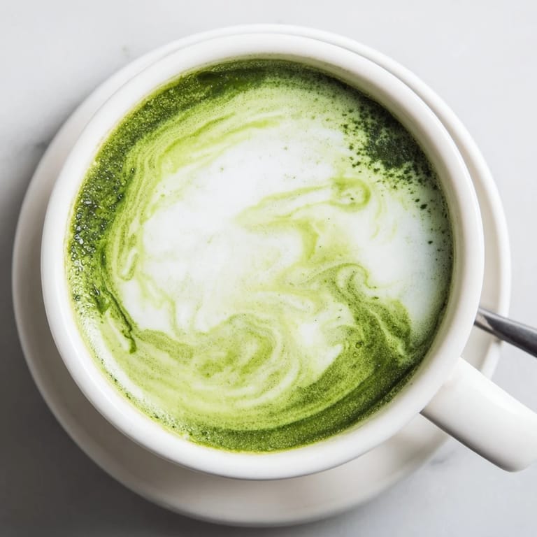 Iced Matcha Green Tea Latte with ice cubes and a drizzle of sweet syrup for a refreshing treat.