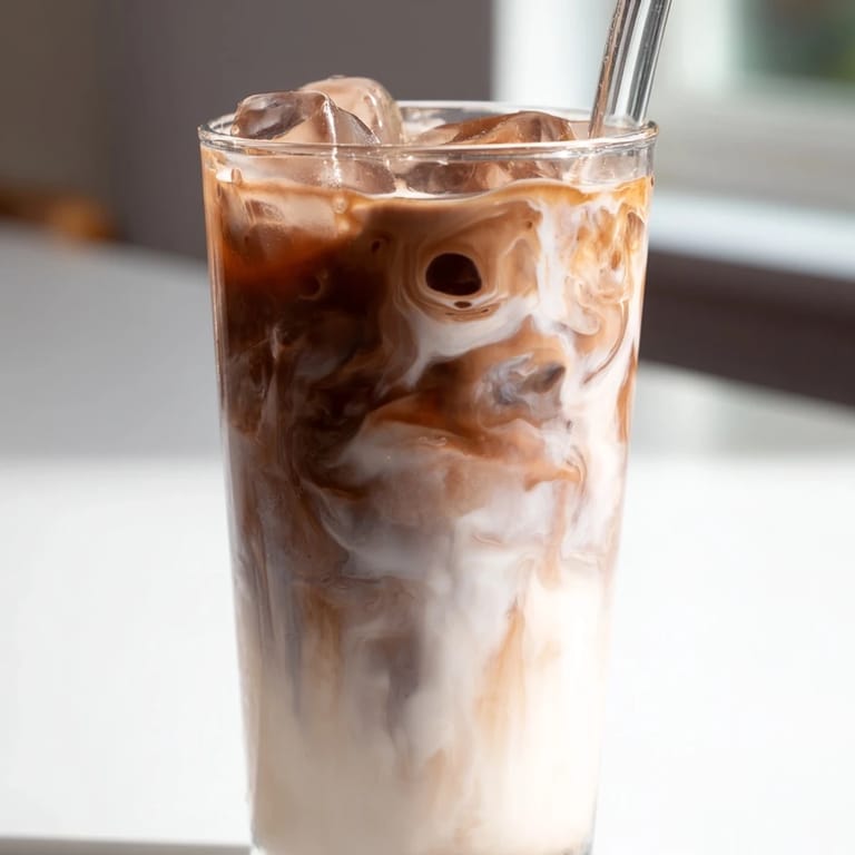 Golden-brown Milo powder dissolves smoothly, creating a frothy chocolate layer over chilled milk in this iced latte hack.  