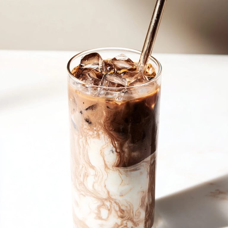 Cooling Milo Ice Latte Hack served with a straw, condensation beading on the glass for a summery treat.