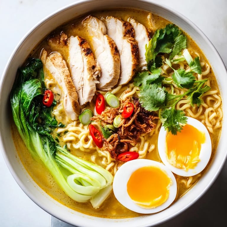Thai Miso Ramen in a rich, aromatic broth garnished with scallions, cilantro, chili slices, and lime wedges.