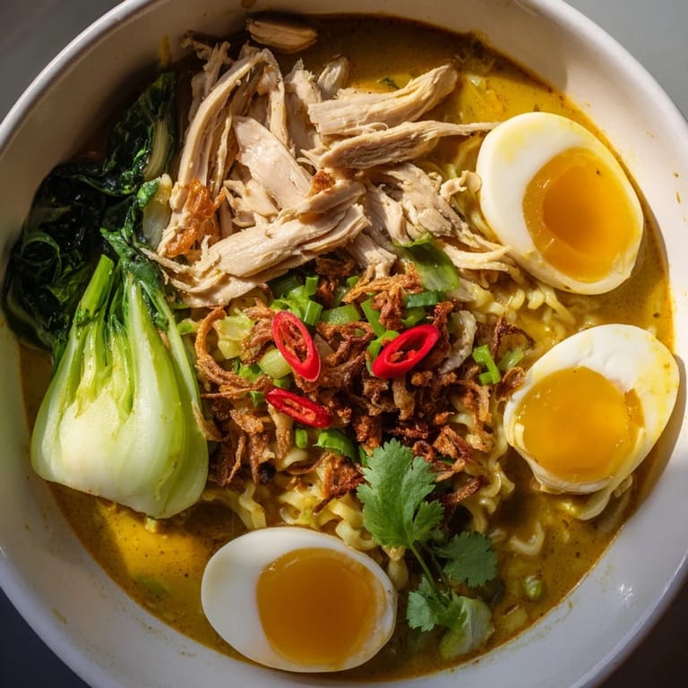 A close-up of Thai Miso Ramen featuring tender noodles, shredded chicken, halved eggs, and vibrant bok choy.