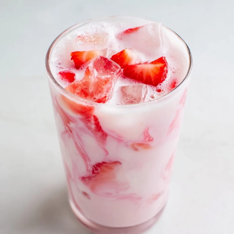 Close-up of the Refresher Copycat Pink Drink in a glass, with pink swirls and ice cubes glistening in the light.