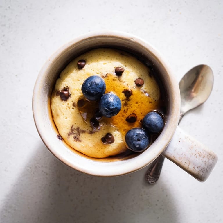 Enjoy a quick single-serving Microwave Mug Pancake, perfect for a fast breakfast, topped with fresh fruit and a dusting of powdered sugar.