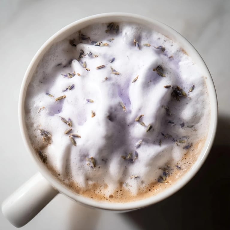 Two mugs of homemade Whipped Lavender Latte topped with swirls of fragrant foam and lavender buds.