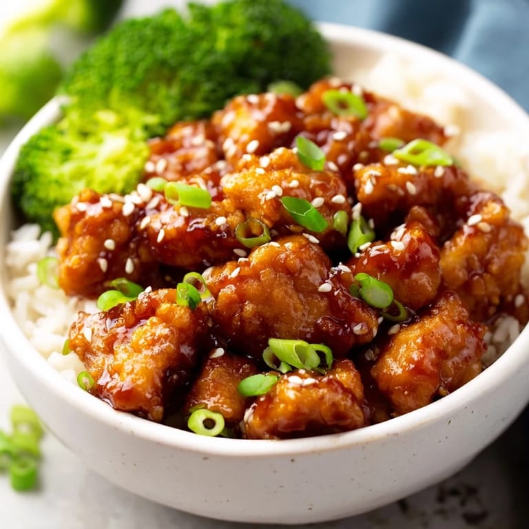 A close-up of the glossy sweet chili chicken and jasmine rice, with fresh green onions and sesame seeds sprinkled on top.