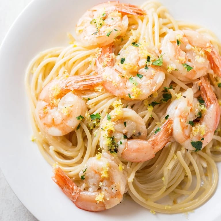 A vibrant serving of Lemon Garlic Shrimp Pasta on a white plate, garnished with fresh parsley and a wedge of lemon. 