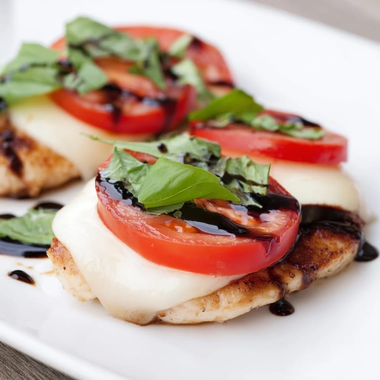 Sizzling Caprese Chicken Skillet served over greens with a rich balsamic glaze on top.