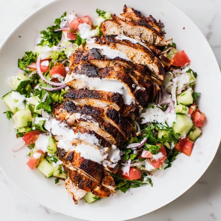 Sliced seasoned chicken shawarma layered over a vibrant salad with diced cucumbers, tomatoes, and onions, garnished with herbs and dressing.