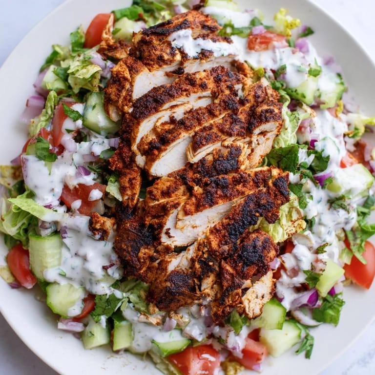 Colorful bowl of chicken shawarma salad with crisp veggies, fresh parsley, and drizzled tangy yogurt sauce, ready for a healthy meal.
