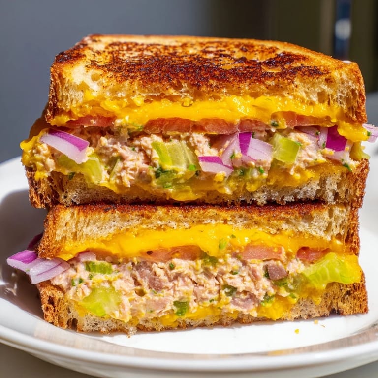 A close-up of the Spicy Tuna Melt sandwich, showing flaky tuna salad and spicy red onion filling.  