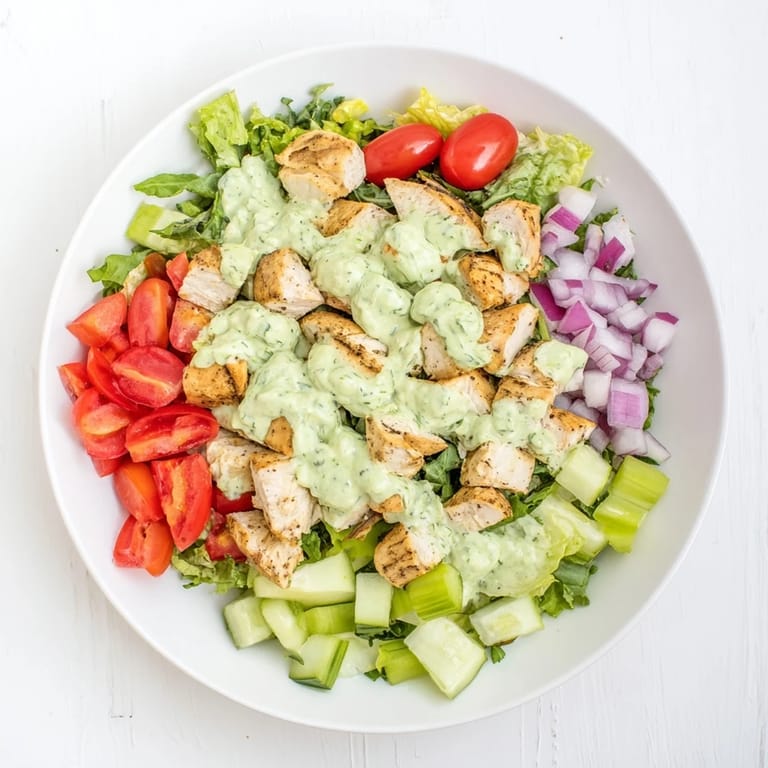 Sliced avocado ranch chicken salad served on a plate with herbs, cucumber, and cherry tomatoes, perfect for lunch or a light dinner.