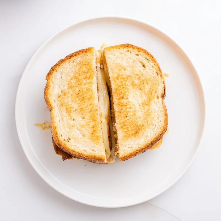 Close-up of a Three-Cheese Grilled Cheese, sliced to reveal layers of sharp cheddar, mozzarella, and provolone for a savory bite.