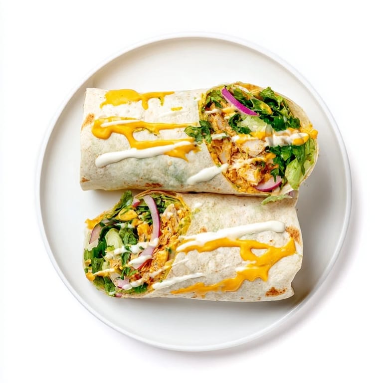 Plated Buffalo Ranch Chicken Wrap halves with celery sticks and a side of extra ranch dressing, perfect for a quick and satisfying lunch.