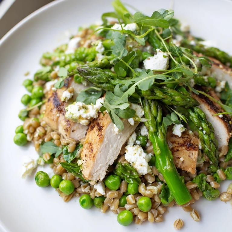 A wholesome bowl of Warm Spring Farro Chicken Salad featuring juicy sliced chicken, spring vegetables, and crumbled feta garnish on a rustic plate.