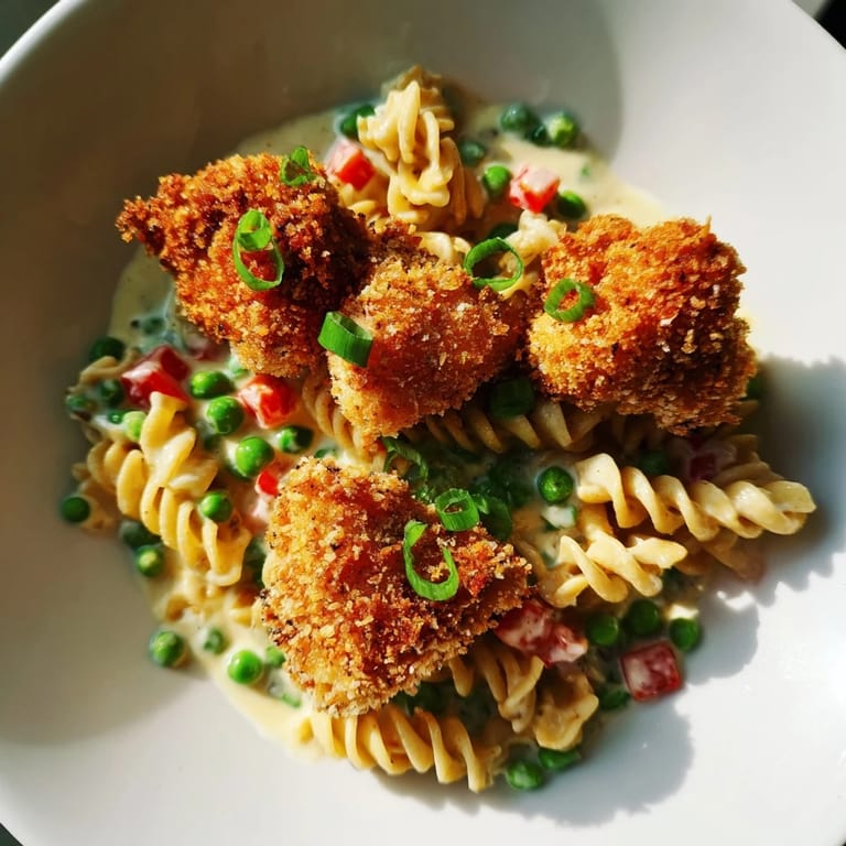 Tender rotini pasta and juicy chicken coated in crunchy panko, tossed with fresh green onions and dill ranch.