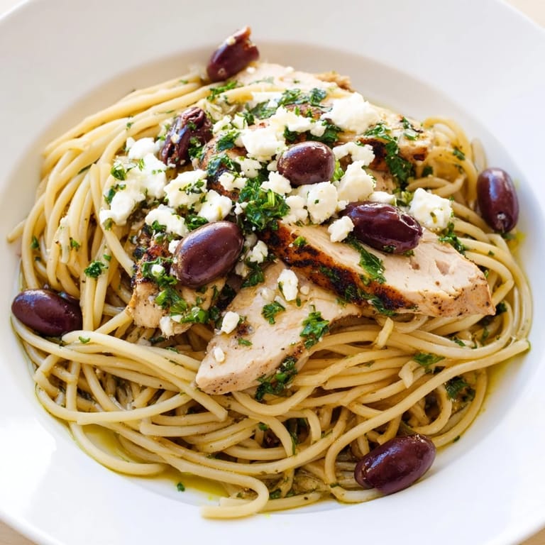 Close-up of a plate of Greek Chicken Spaghetti featuring tender chicken pieces, feta crumbles, and glistening olive oil and lemon dressing.