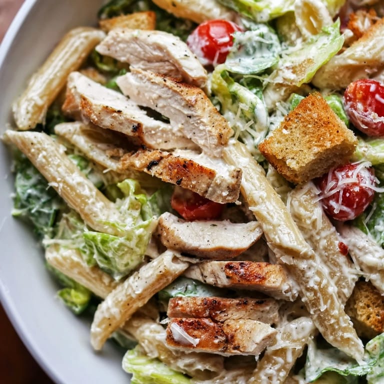 A close-up of Caesar pasta chicken bowl reveals al dente pasta tossed with Parmesan and garlic croutons.