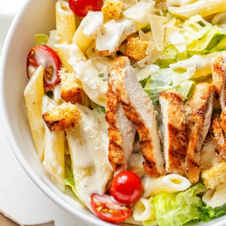 Serving suggestion for Caesar pasta chicken bowl with cherry tomatoes, grilled chicken, and fresh black pepper.
