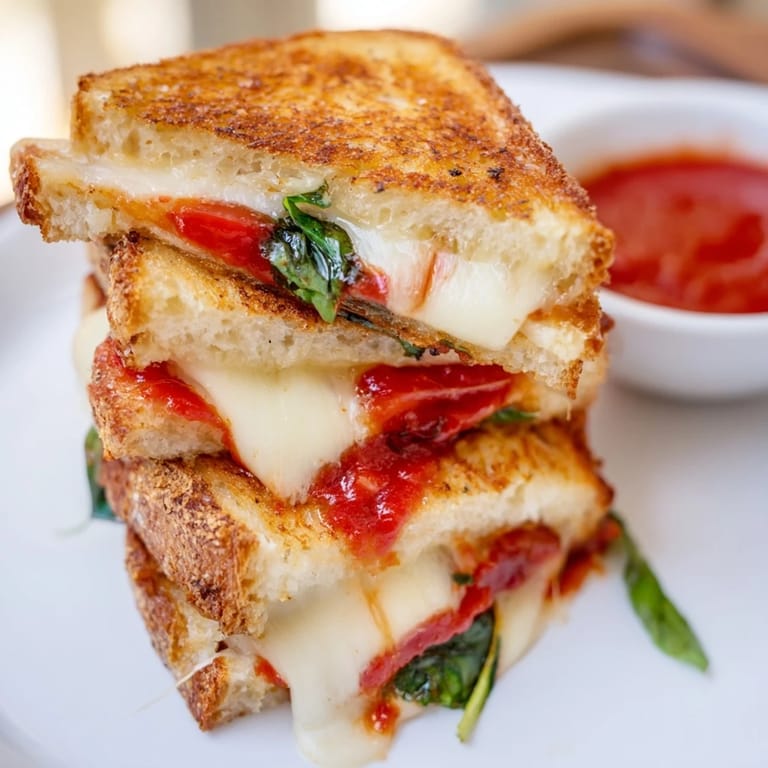 A close-up of crispy, golden Caprese Grilled Cheese Dippers with melted mozzarella, fresh tomatoes, and a side of rich red marinara for dipping.