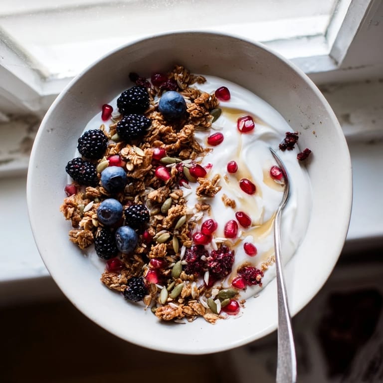 A nourishing yogurt bowl filled with tart winter berries, crunchy oat clusters, and a warm ginger spice blend.