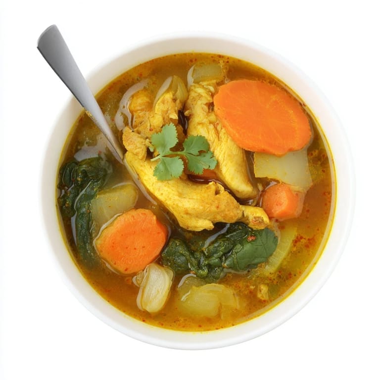 Hearty Turmeric Chicken Soup simmering in a pot, featuring aromatic ginger, garlic, and kale leaves for a nourishing, warming meal.