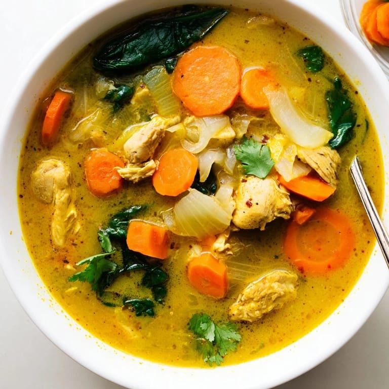 Freshly ladled Turmeric Chicken Soup served in a rustic bowl, garnished with cilantro and a lemon wedge, ready to enjoy.