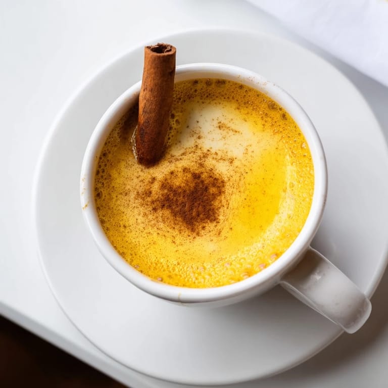 Golden-hued Turmeric and Ginger Golden Milk swirls in a clear glass mug, steam rising alongside spices like ginger and nutmeg for a calming treat.