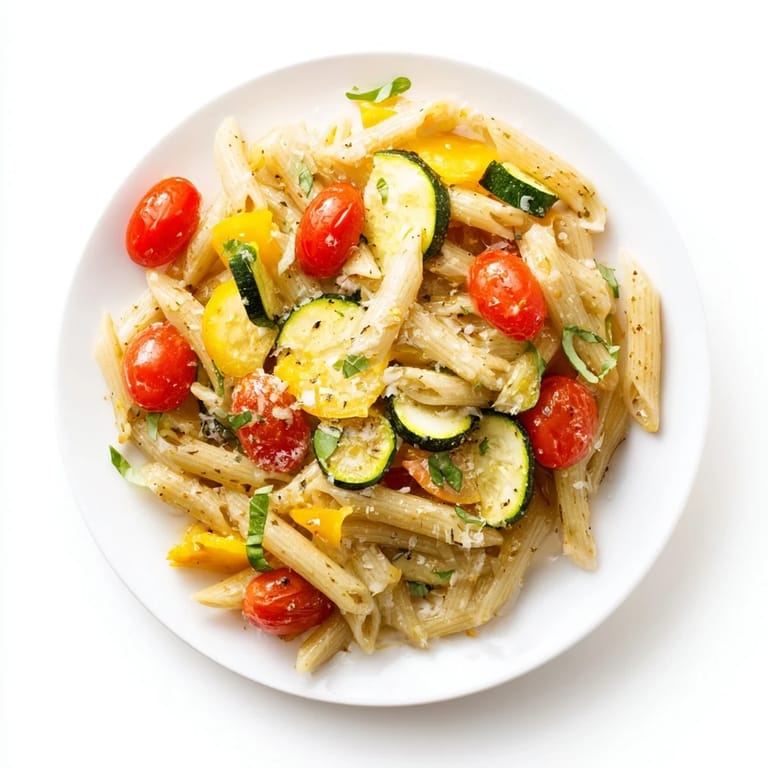 A skillet of Garden Veggie Pasta, featuring al dente penne tossed with sautéed garden vegetables, garlic, and vibrant basil leaves.