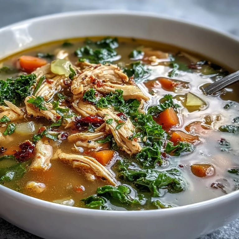 Golden turmeric chicken soup, bright with lemon and hearty baby kale, ready to serve.