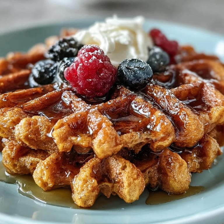 Crispy Anti-Inflammatory Adaptogenic Turmeric Waffles stacked high, perfect with maple syrup.