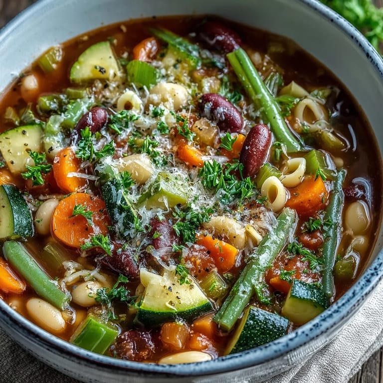 Hearty Minestrone Soup simmering in a pot with carrots, tomatoes, and kale.