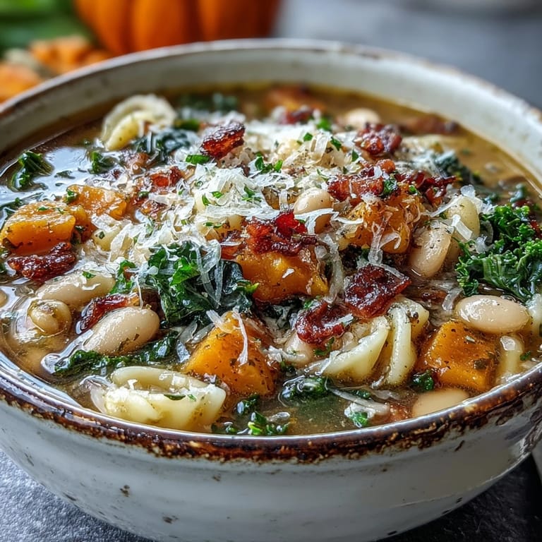 Hearty Fall Minestrone in a rustic pot, featuring creamy white beans and ditalini pasta ready to serve.