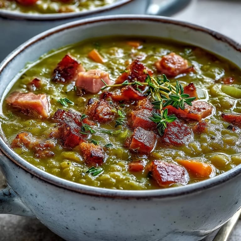 Thick and hearty Split Pea and Ham Soup with tender ham chunks and carrots.