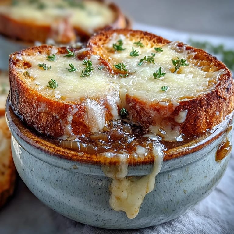 Rich Dutch Oven French Onion Soup ladled into oven-safe bowls.