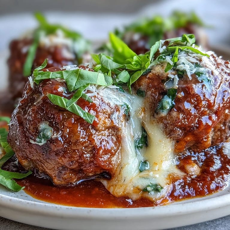 Cheesy, Garlicky Meatballs With Marinara plated with gluten-free pasta and fresh herbs, showcasing a comforting homemade dinner for four.