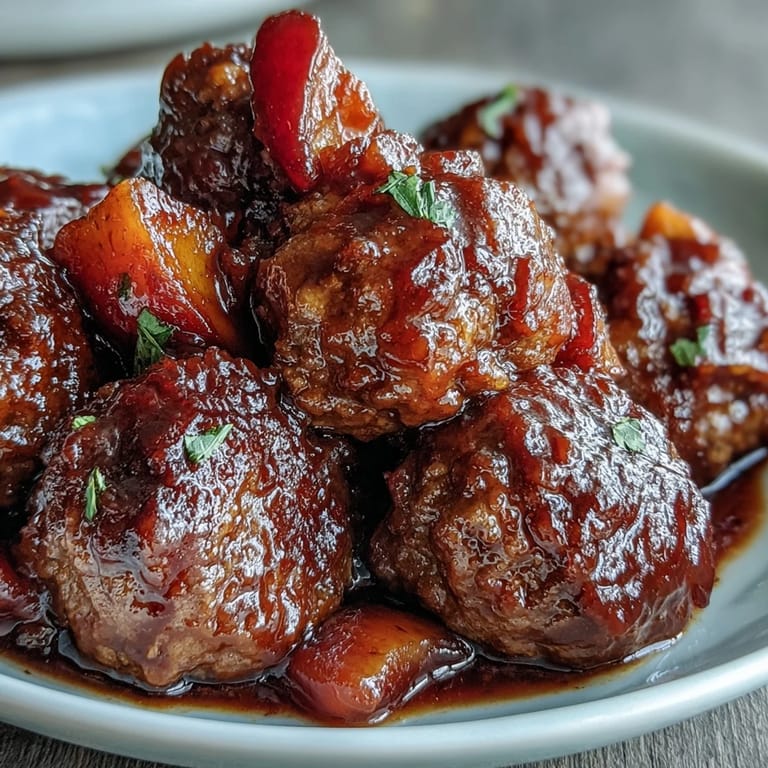Tender meatballs in sweet and sour sauce, garnished with sesame seeds, ready to serve over fluffy white rice.