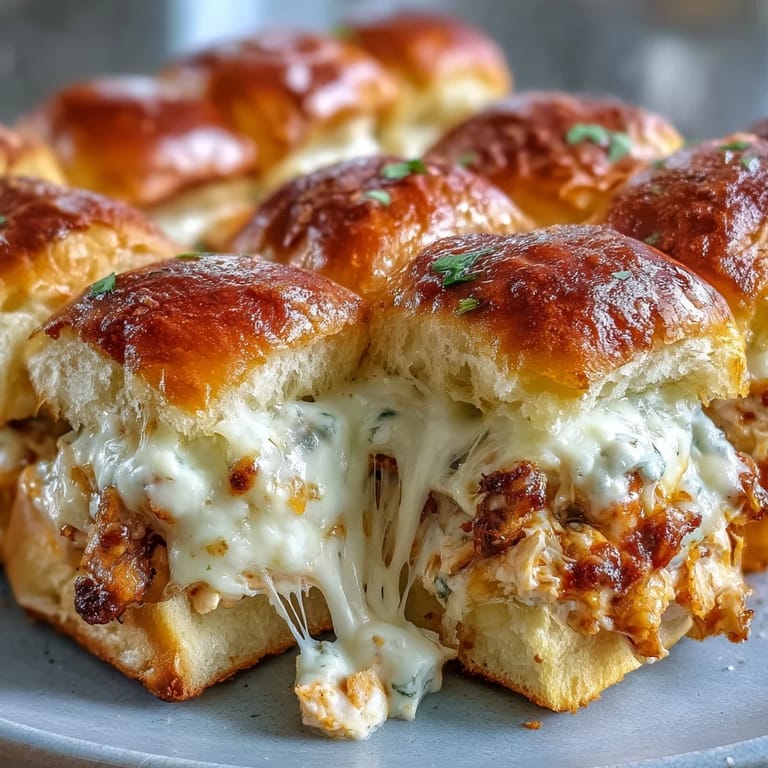 Golden brown Pizza Dip Sliders are pulled apart, revealing a melty mozzarella and cheddar cheese pull for game day.