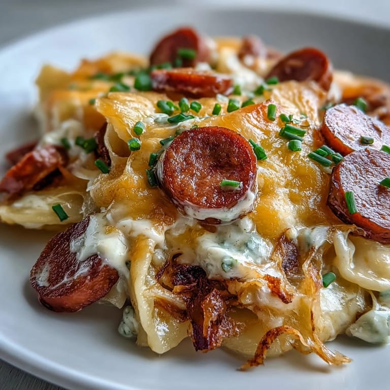 Slow-cooked Crockpot Pierogi Casserole With Kielbasa, cheesy and bubbling, served with a dollop of tangy sour cream.