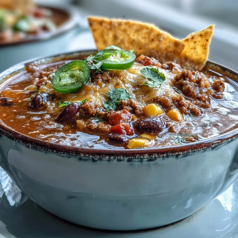 A ladle serving Taco Soup with tortilla chips and jalapeños on the side.