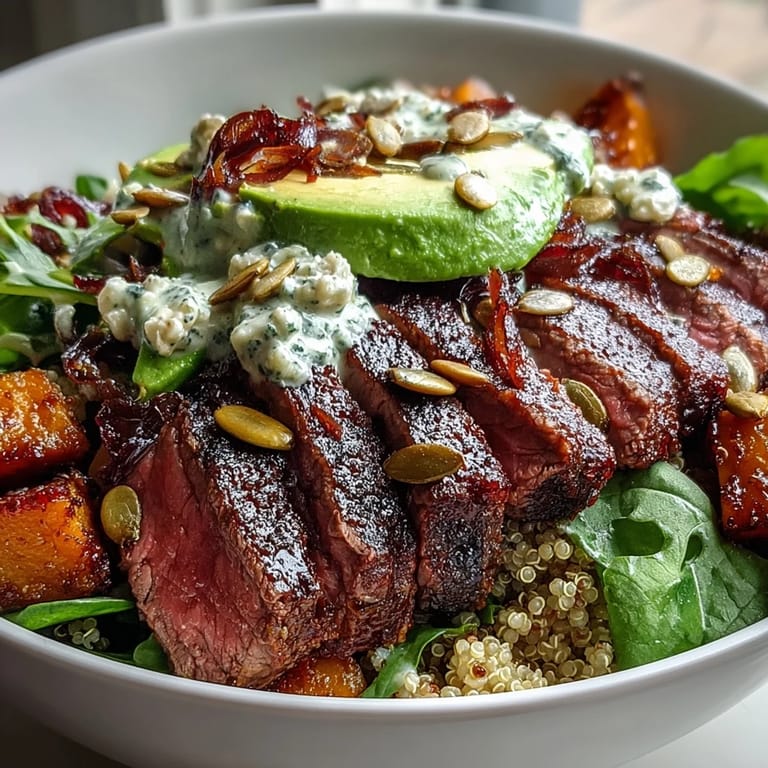 Fluffy quinoa and fresh greens cradle smoky steak in these butternut squash steak bowls with creamy avocado.