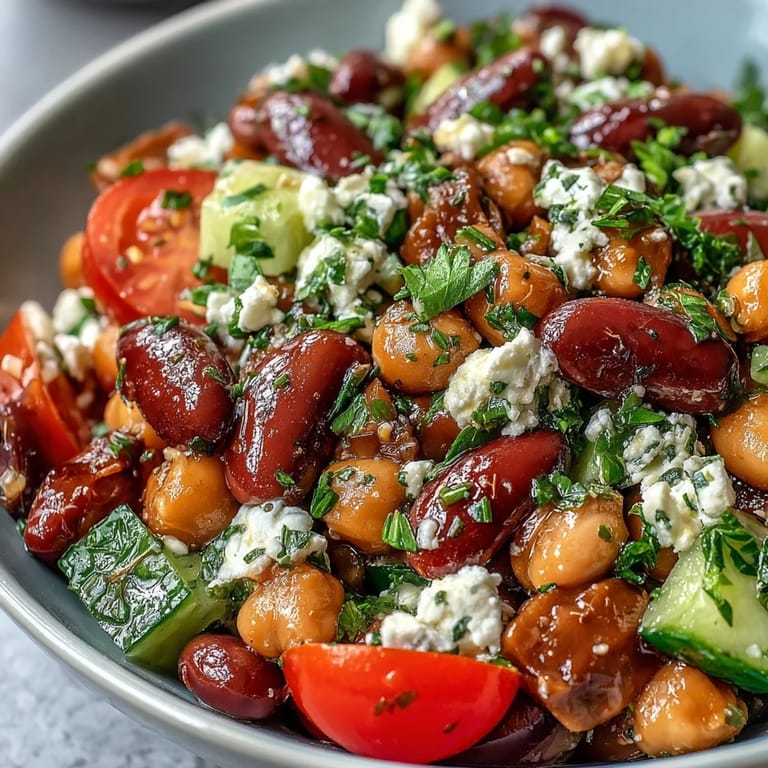 Colorful Greek Bean Salad with kidney beans and chickpeas, bright lemon zest, and fresh dill on a sunlit table.