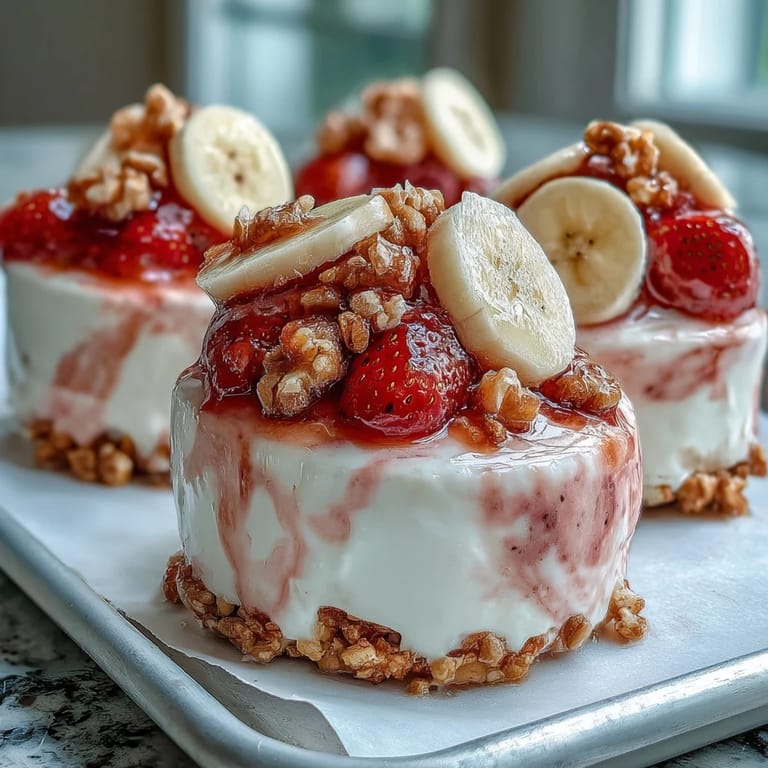 Frozen Strawberry & Banana Yoghurt Clusters are ready to eat, featuring marbled pink and yellow swirls studded with crunchy fruit pieces.