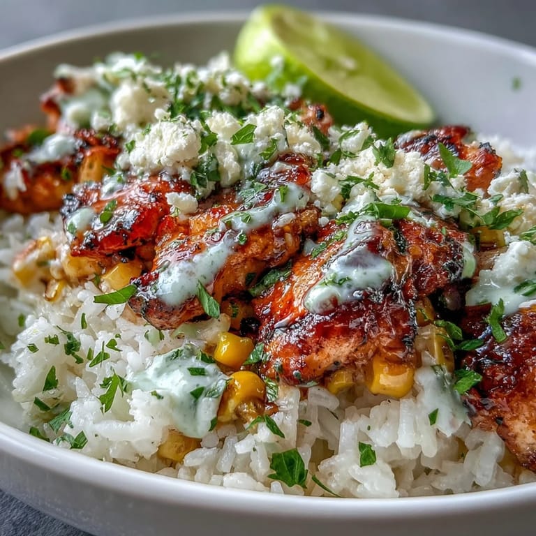 Colorful Street Corn Chicken and Rice Bowls serve juicy grilled chicken over warm rice, piled high with chili-lime corn, fresh cilantro, and creamy cotija.