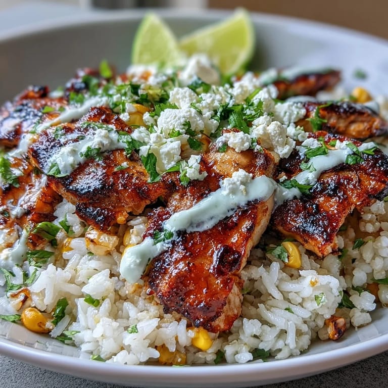 A close look at Street Corn Chicken and Rice Bowls reveals golden-brown chicken slices beside bright corn, drizzled with crema and fresh lime wedges.