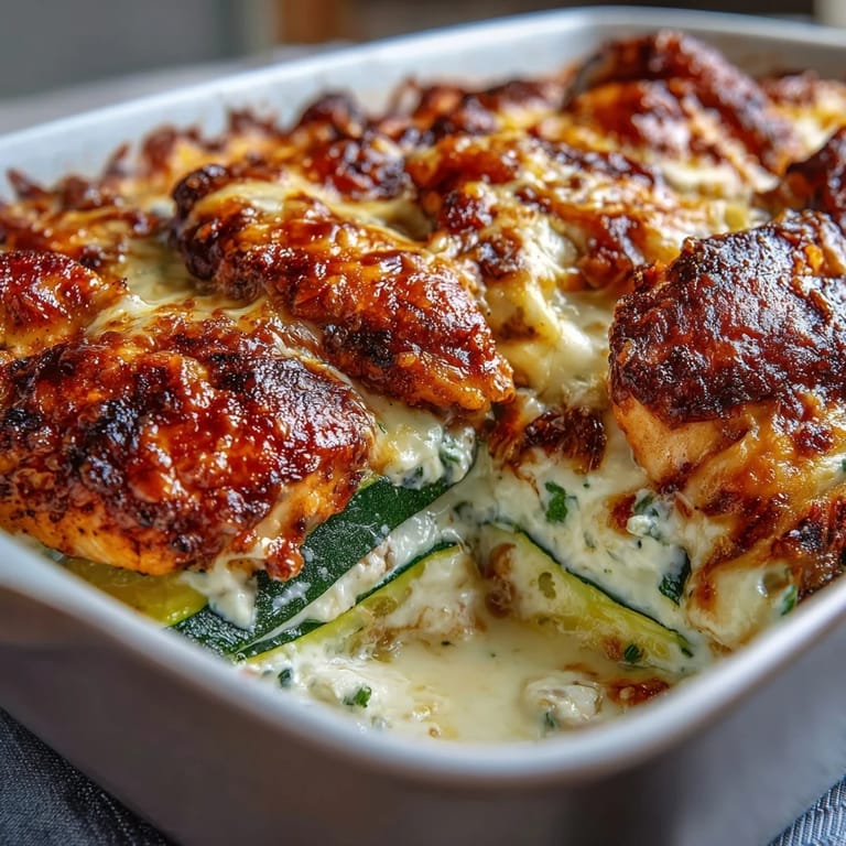 Layers of tender seared chicken and crisp zucchini slices in a creamy yogurt egg blend, topped with bubbly cheese in a baking dish.