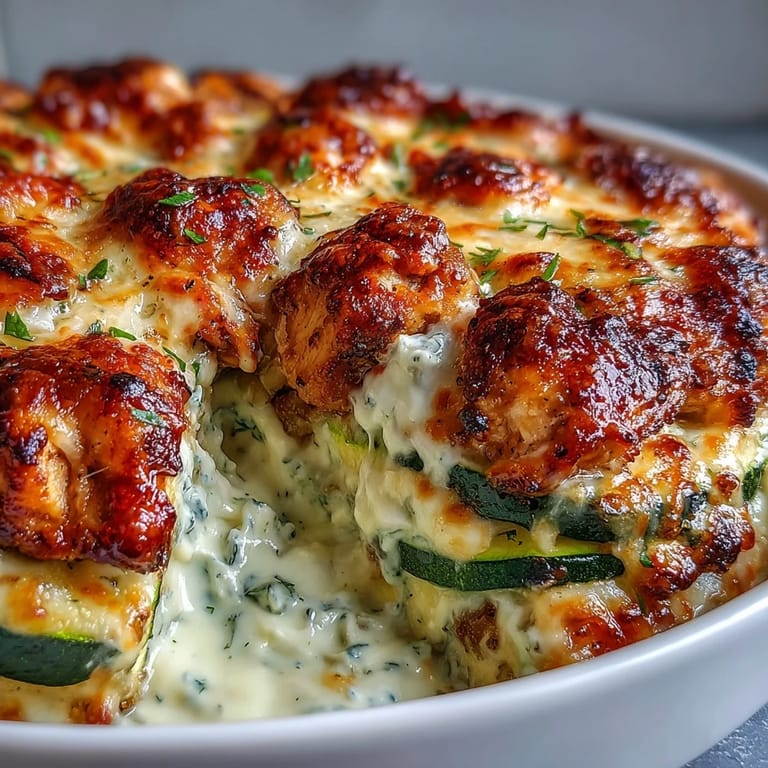 Low carb High Protein Chicken Zucchini Bake garnished with fresh parsley, ready to serve as a family style American dinner casserole.